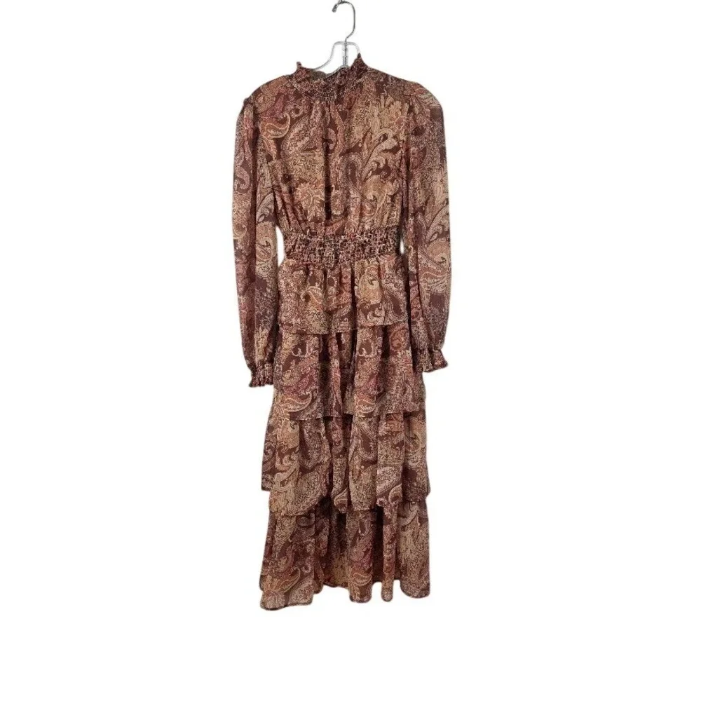 Paisley Tiered Midi Dress Womens XS Brown Boho Smocked‎ Ruffle Long Sleeve